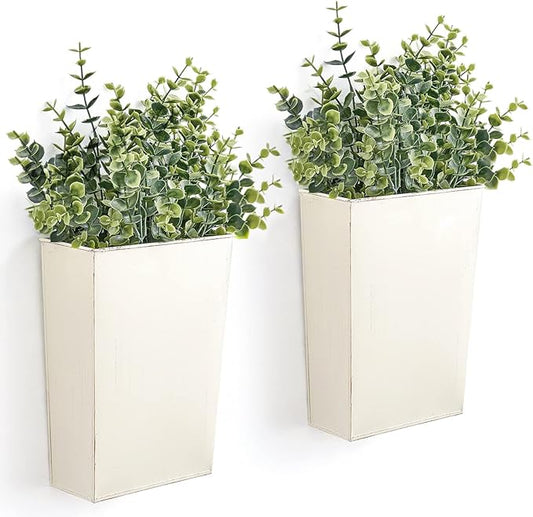 Dahey 2 Packs Metal Wall Planter with Artificial Plants, Farmhouse Wall Decor Hanging Wall Vase Boxs Galvanized Flowers Holder for Country Rustic Home Wall Decor, White