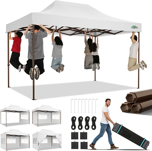 COBIZI 10x15 Pop Up Canopy Tent Heavy Duty with Sidewall, Commercial Outdoor Easy Pop Up Gazebo for Party Wedding All Weather Waterproof UV 50+ with Roller Bag(Leg Upgraded),White