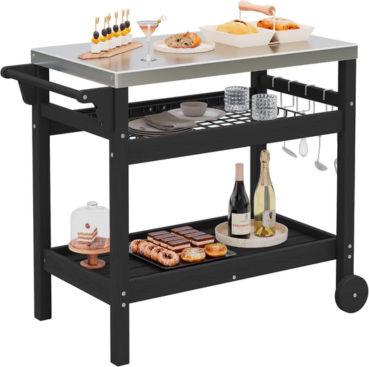 SERWALL Grill Cart Table with Three Tier Storage Shelves, Movable Prep Cart, Weather-Resistant HDPE Material, Dining Cart Table for Outdoor Cooking, Four Hooks, Black