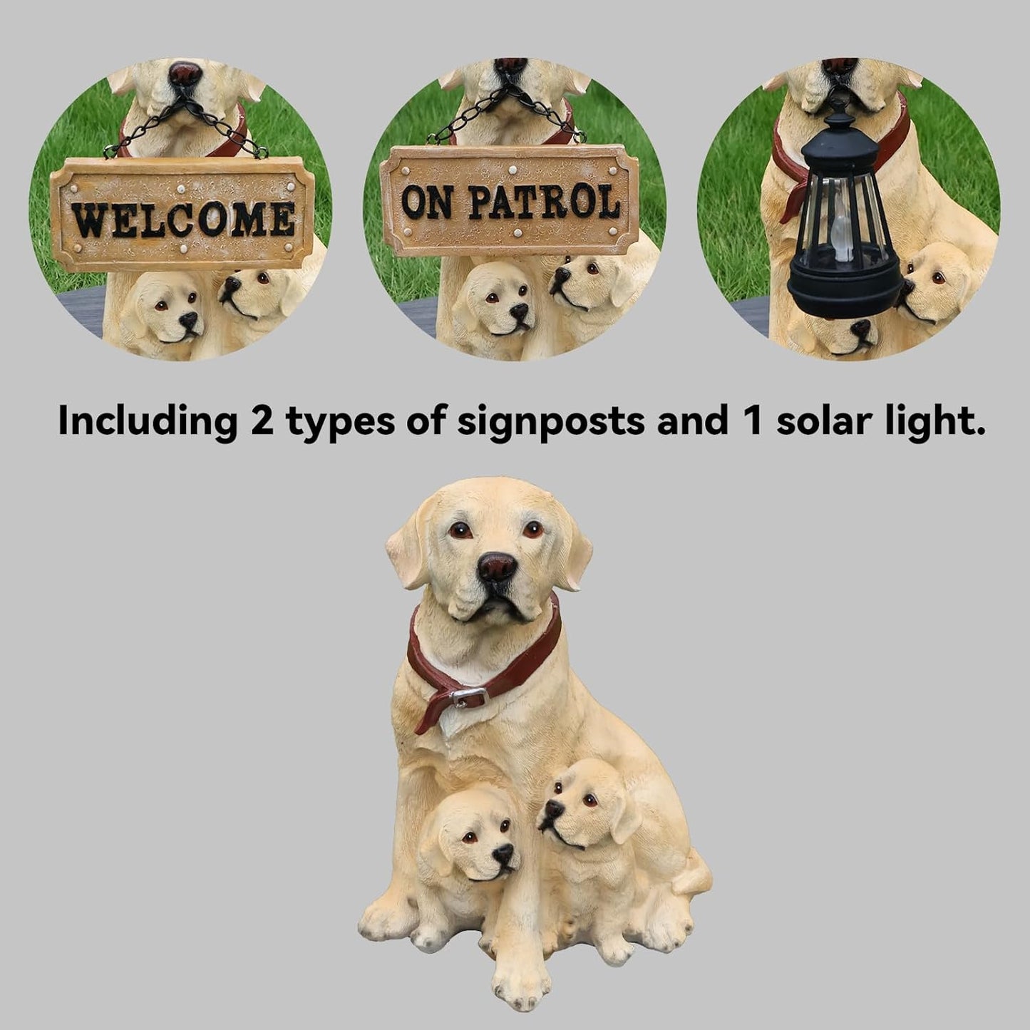 Labrador with Puppies Solar Welcome Statue, Hand-Painted Resin Dog Figurine with Lantern and Dual Wooden-Style Signs, Warm Family Guardian Sculpture for Garden and Porch Décor