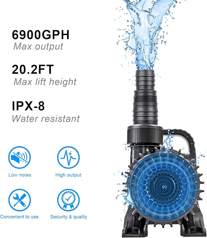 Outdoor Large 6900gph-320W 32.8FT Pond Water-fall & Kio Fish Fountain-s & Garden Pump Submersible IPX8: Long 32.8FT Cord Smart-er & Quieter Duck & Yard&Patio Ponds Pumps, 1 Barrier Pump Bag