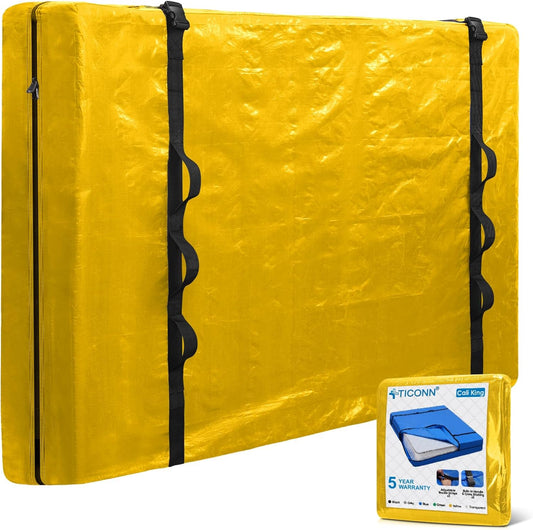 TICONN Mattress Bags for Moving, Heavy Duty Cali King Mattress Cover Storage Bag with Full-Around Handle and Adjustable Buckles (Yellow, Cali King)