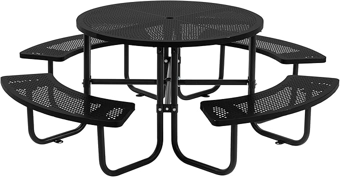 46'' Steel Round Picnic Table for Outdoors, Expanded, Lifetime Picnic Table with Umbrella Hole, Heavy Duty Sturdy Commercial Picnic Tables for Garden Courtyard BBQ, Black