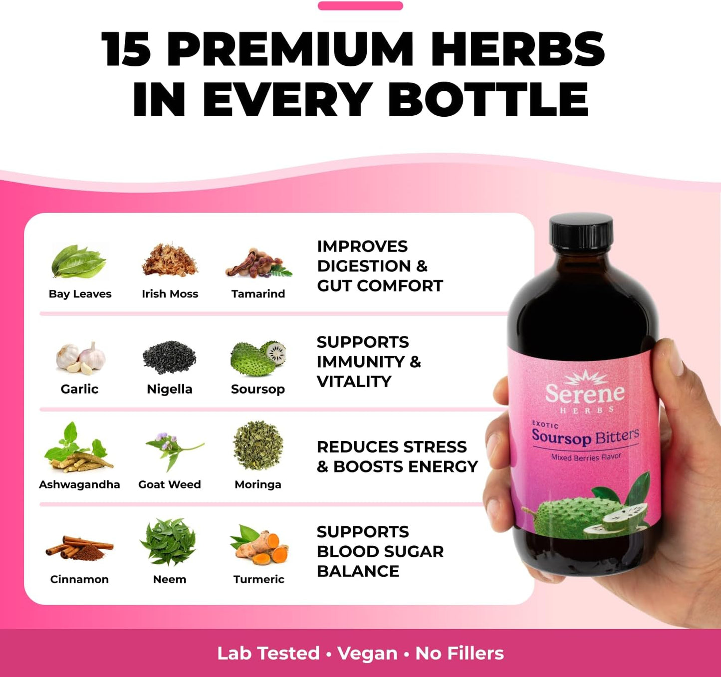 Serene Herbs Soursop Bitters Liquid - Organic Herbal Sour Sop Guanabana with Black Seed, Moringa, Irish Moss & Ginger – Gut Support, Energy & Immune Boost – Vegan, Non-GMO – Mixed Berry Flavor – 16 oz