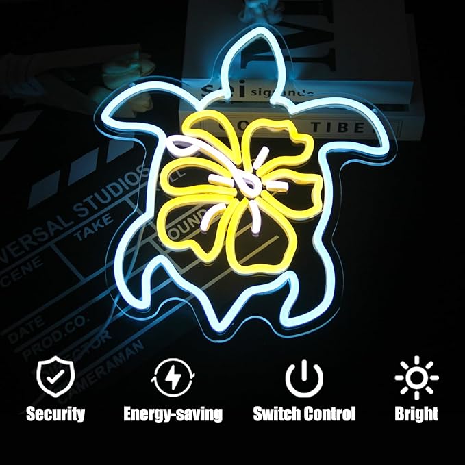 Sea Turtle Hibiscus Neon Signs for Wall Decor Blue Turtle Neon Light Yellow Flower LED Neon Wall Sign Ocean Neon Light Up Sign for Bedroom Living Room Office Decor Sea Turtle Gifts
