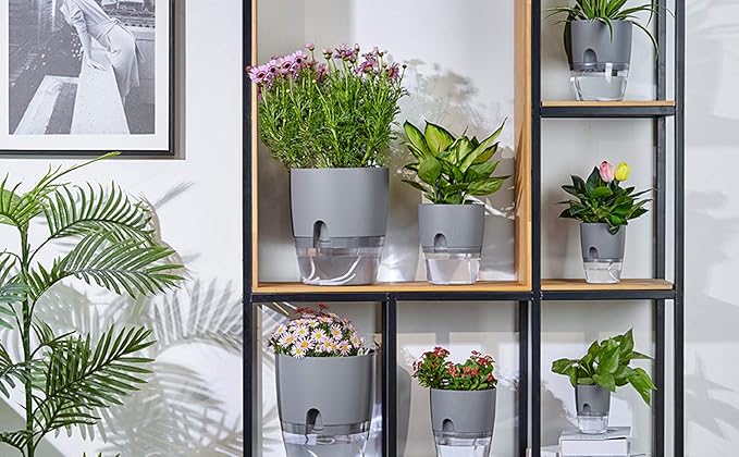 Self Watering Planter for Indoor Plants, 2 Pack 9.3 Inch Flower Pot Modern Decorative Plastic Planter with Extra Large Water Storage for All House Plants, Flowers, Herbs(White)