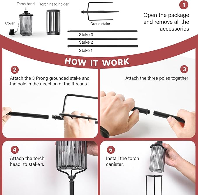 4 Pack Glass Citronella Torches, 16 oz Garden Torches for Outside with 3-Prong Grounded Stake, 55 inch Outdoor Black Glass Flame Light Torch for Yard, Patio, Deck, Garden, Party, Landscape