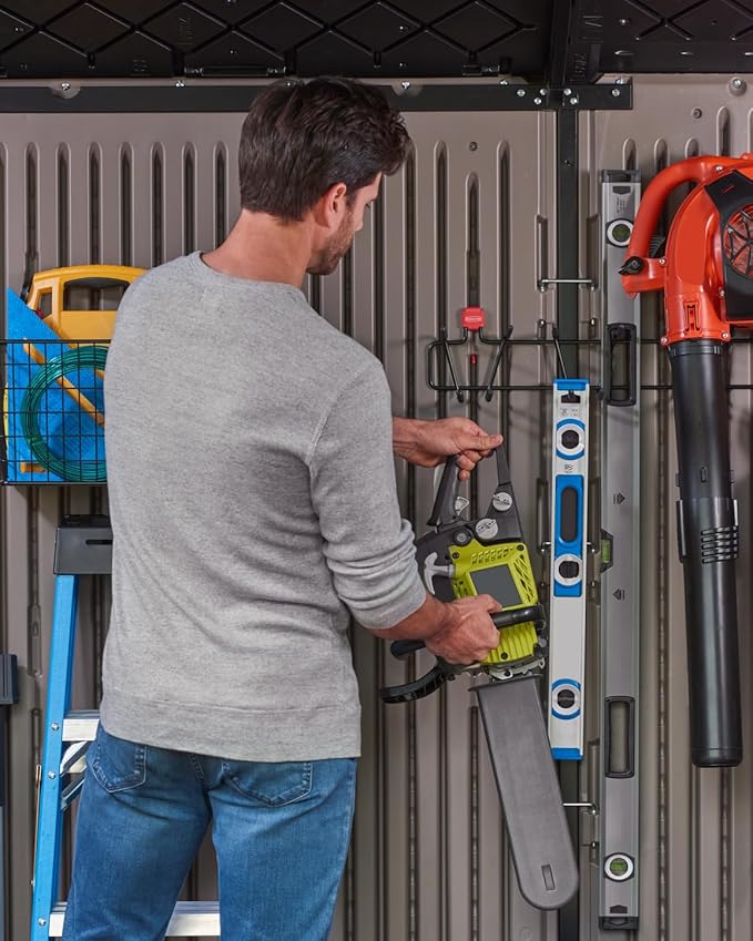 Rubbermaid Extra Large Resin Outdoor Storage Shed With Floor (7 x 10.5 Ft.) Weather Resistant Brown Organization for Home/Lawn Mower/Backyard Equipment/Bike Storage/Pool Supplies