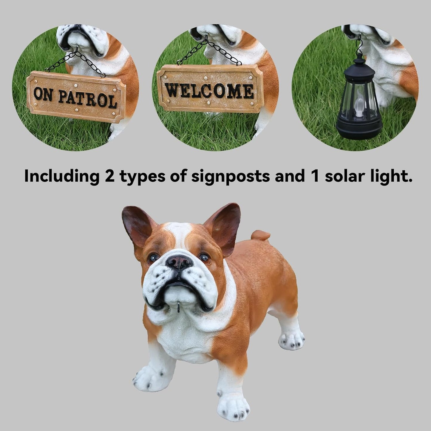 Bulldog Solar Welcome Statue, Hand-Painted Resin Standing Dog Figurine with Lantern and Dual Wooden-Style Signs, Loyal Guardian Sculpture for Garden and Porch Décor