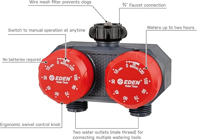 Eden 25124 2-Zone Mechanical Watering Timer, Red, Grey