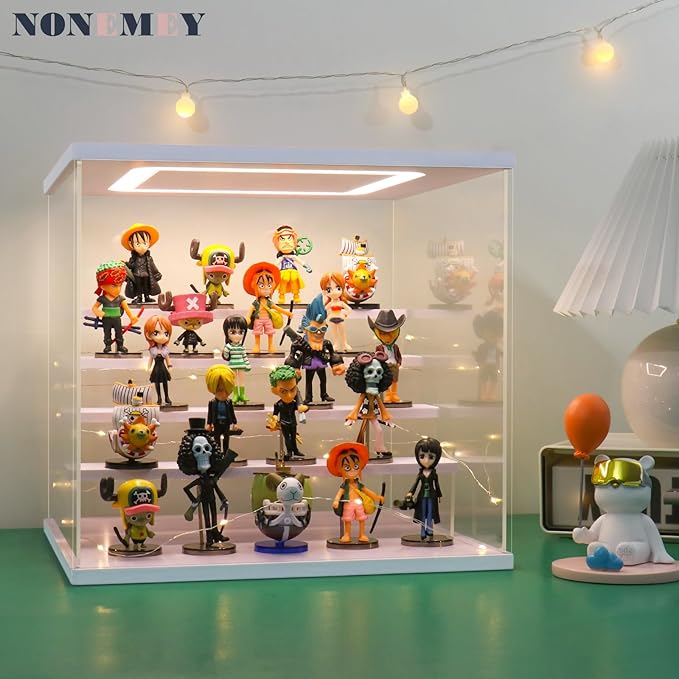 NONEMEY Clear Acrylic Display Case Stand with LED Light 2/3/4/5/6 Tier Storage Box Showcase Dustproof Organizer Box for Collectibles (White 6 Tiers 19.6 * 12.5 * 16.5inch)