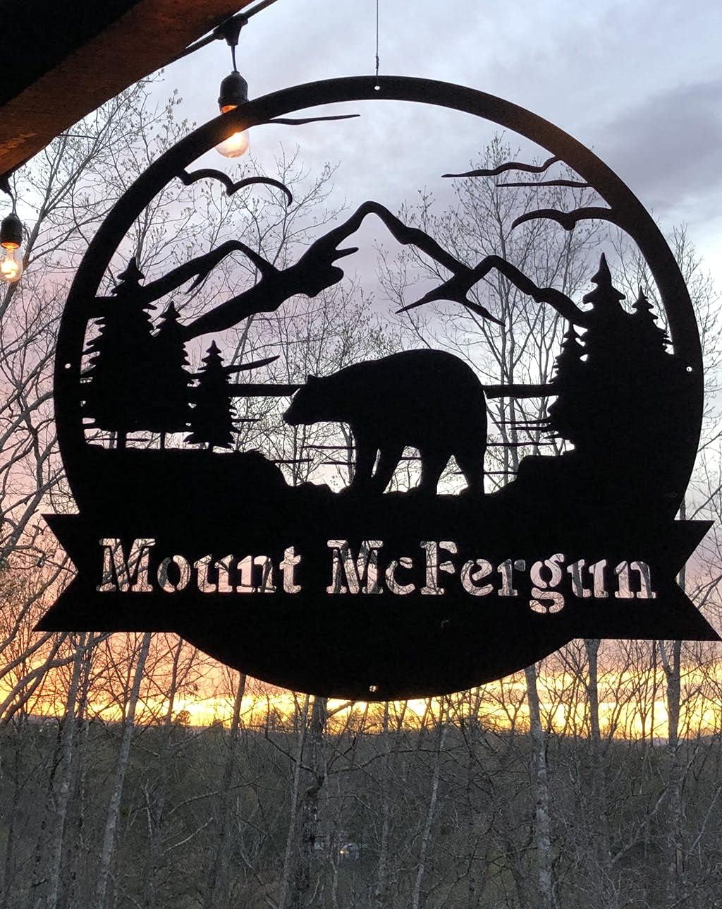 RealSteel Personalized Bear Metal Sign - Custom Outdoor Wall Art with Mountain Scene - Circular Design for Porch, Patio, Lawn & Garden Décor - Textured Silver, 24"