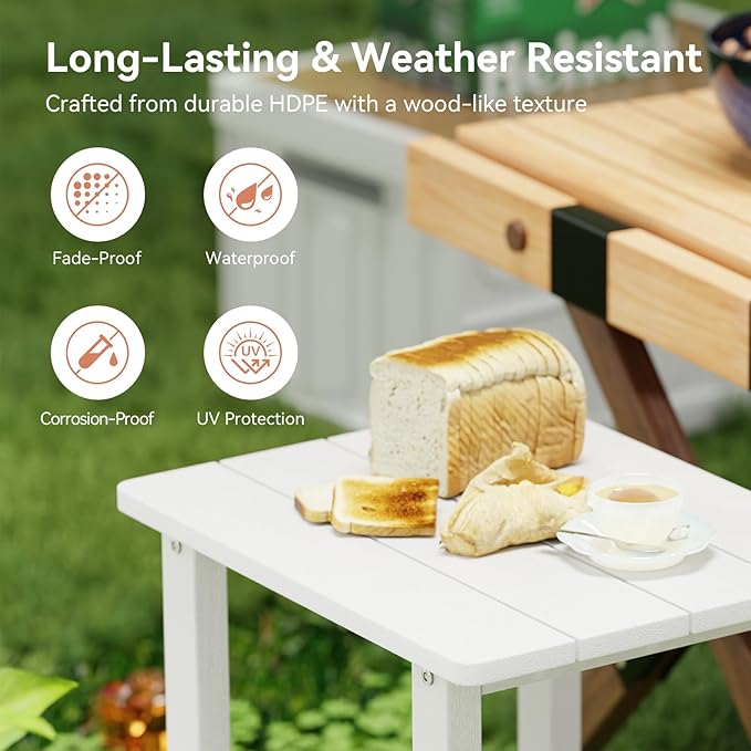 Outdoor Side Table with 2 Layers Storage Small Adirondack Square Side Tables for Outside Weather Resistant Patio End Table for Pool, Backyard, Indoor Companion, Front Porch, White