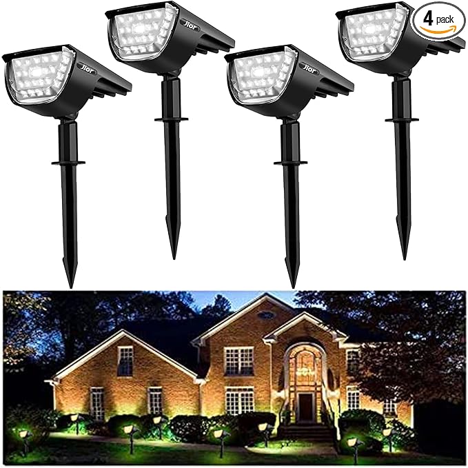 Jior Solar Landscape Spotlights Outdoor 32 LED IP65 Waterproof Solar Powered Wall Lights 2-in-1 Adjustable Outside Lights for Garden Yard Driveway Walkway Pool Patio 4 Pack (Cold White)
