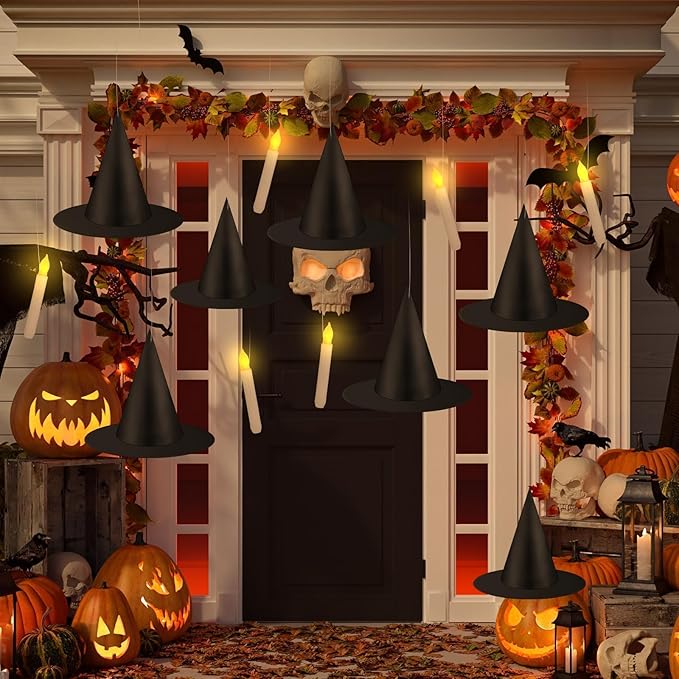 80 Pcs Halloween Hanging Witch Hats and Taper Floating Candles Set Includes 12 Witch Hats 12 LED Floating Candles Lights 56 3D Bats Wall Stickers for Halloween Decoration Front Porch Yard Decor
