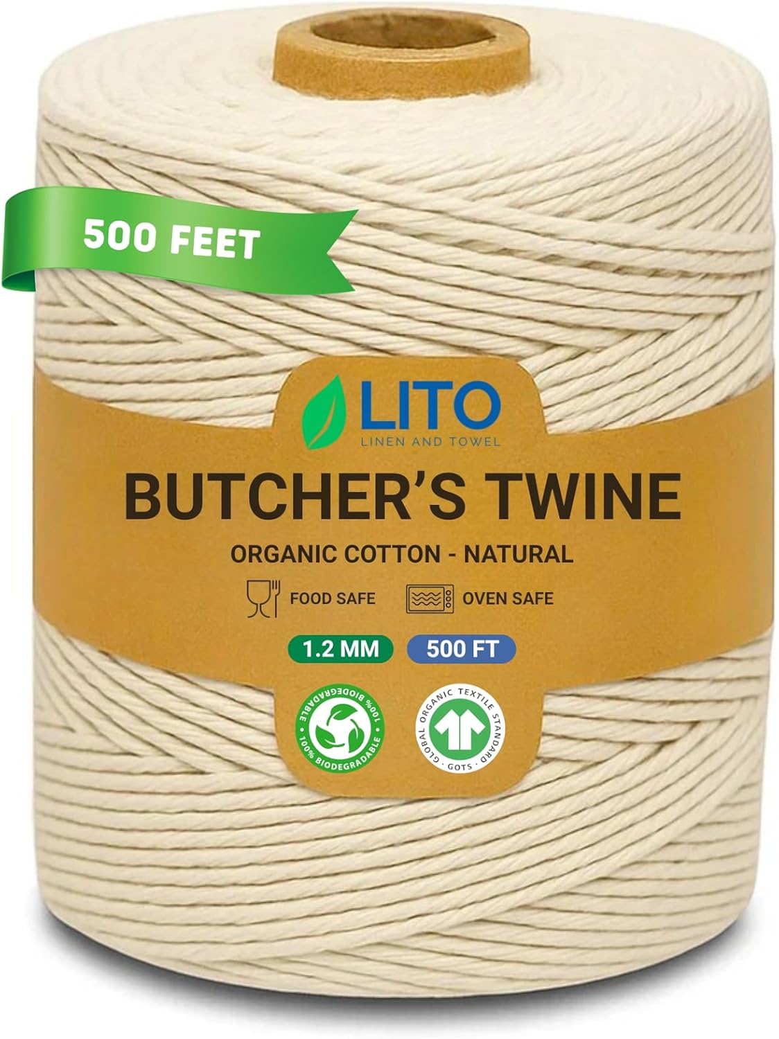 Organic Butcher’s Twine for Cooking & Trussing – 1.2mm Heavy-Duty Natural Cotton Kitchen Twine 500 Feet – Food-Safe, Oven-Safe String for Meat, Turkey, Baking, & Crafts