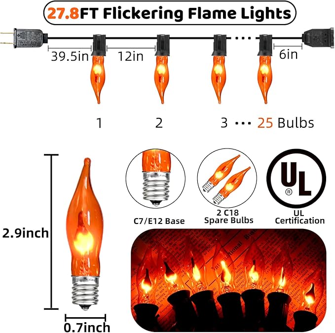 27.8Ft Flickering Flame String Lights Orange Halloween Lights with 25 Pack C7 Orange Flame Light Bulbs, Orange Flame String Lights for Halloween Decorations for Home Party Yard (2 Spare Bulbs)