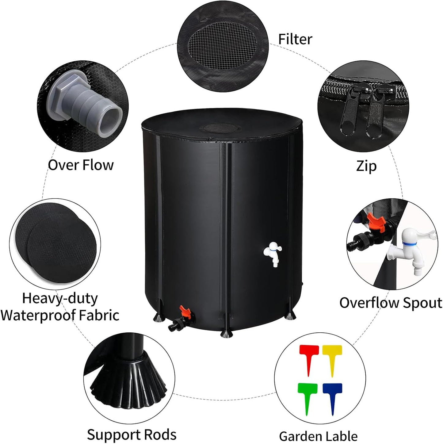 Collapsible Rain Barrel, 132 Gallon Portable Rainwater Collection System, Water Storage Tank, Rain Catcher Barrel with Two Spigots and Overflow Kit, Rain Water Barrel Collector for Garden, Black