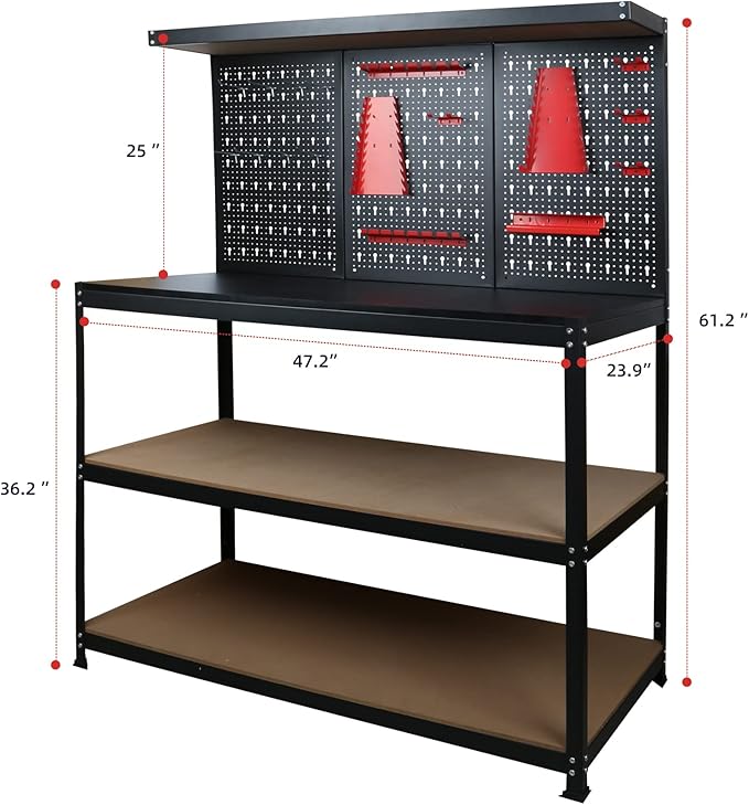 48inch Workbench with Peg Board, Multipurpose Tool Organizer and Work Bench with Double Storage Platform, Workbench in Garage Workshop (48" x 24" x 61")