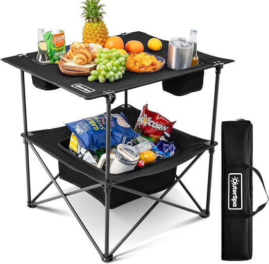 Folding Camping Table, Portable Outdoor Picnic Table, Rectangular Lightweight Camp Table with Storage, Cup Holder and Carry Bag for Barbeque Beach Camping and Tailgate
