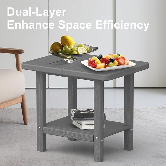 Outdoor Side Table - 2-Tier Storage All Weather Outdoor End Table for Patio - HDPE Morden Easy Maintenance Adirondack Side Table for Pool Porch Balcony Garden Lawn Backyard Outside Indoor