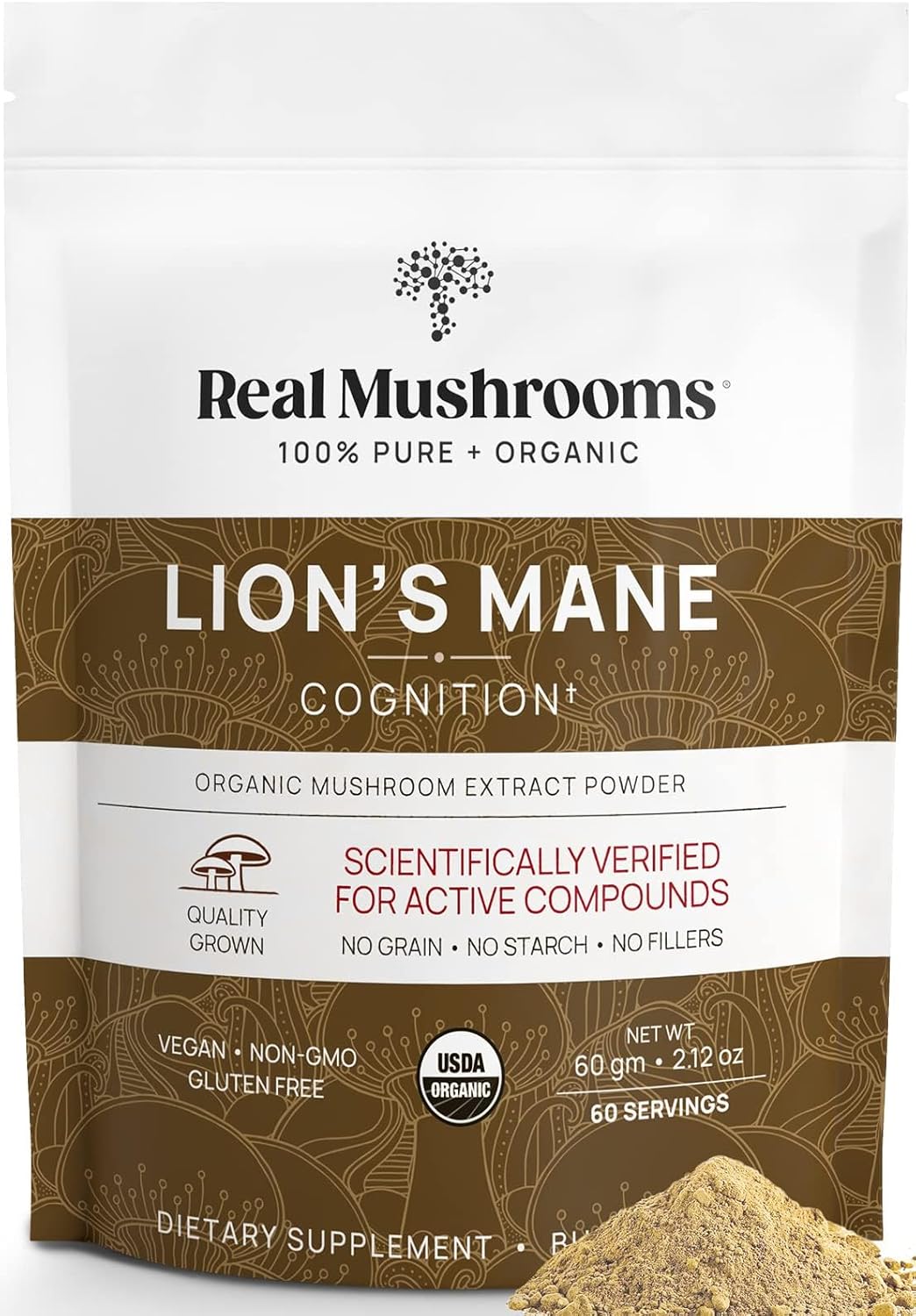 Real Mushrooms Lions Mane Mushroom Supplement - Organic Lions Mane Extract Powder for Overall Wellness with Adaptogens – Functional Vegan, Non-GMO Blend with 60 Servings