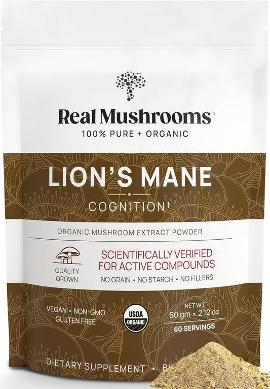 Real Mushrooms Lions Mane Mushroom Supplement - Organic Lions Mane Extract Powder for Overall Wellness with Adaptogens – Functional Vegan, Non-GMO Blend with 60 Servings