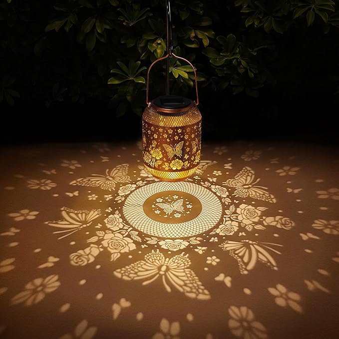 2 Pack Butterfly Solar Lanterns Outdoor Waterproof Rose Garden Decor Gifts for Women Mom Grandma Hanging Solar Lights Metal Lantern Decoration Outside for Yard, Patio, Backyard, Porch