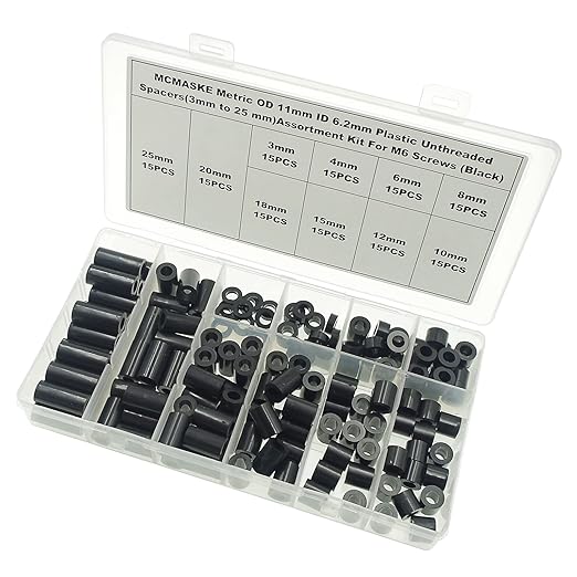 OD 11mm(0.433") ID 6.2mm(0.244") Plastic Unthreaded Spacers Assortment;Wall Plate spacers for M6 Screws;Clearance Spacers;Round Spacers;3mm to 25 mm Lengths(Black)