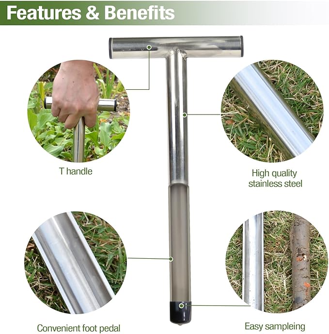 Soil Probe 16 Inch with 2 Bags, Soil Sample Probe for Lawn House Plants, T-Handle Soil Sampler Probe Rod, Stainless Steel Soil Test Kits Tool for Soil Sampling