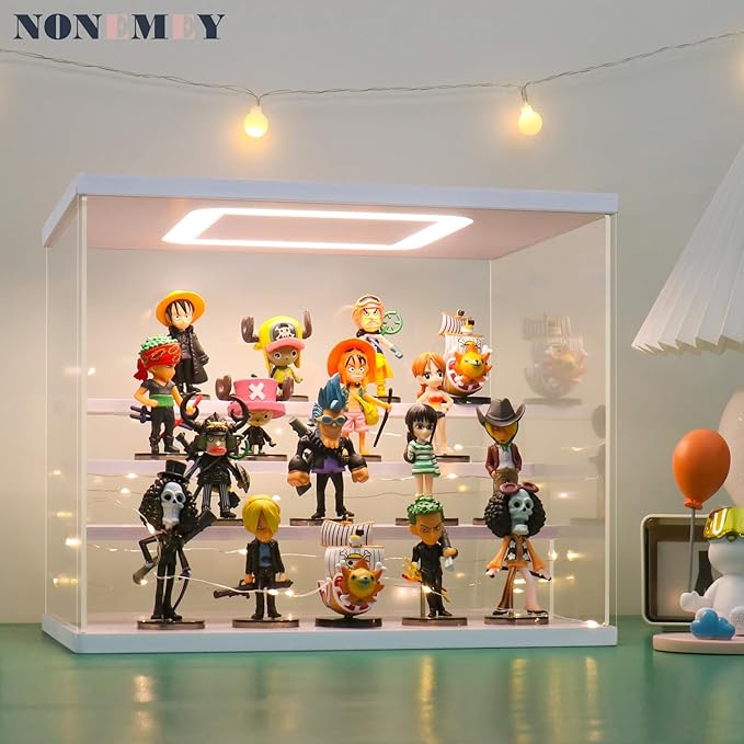 NONEMEY Clear Acrylic Display Case Stand with LED Light 2/3/4/5/6 Tier Storage Box Showcase Dustproof Organizer Box for Collectibles (White 4Tier 12.4*9.6*10.4inch)