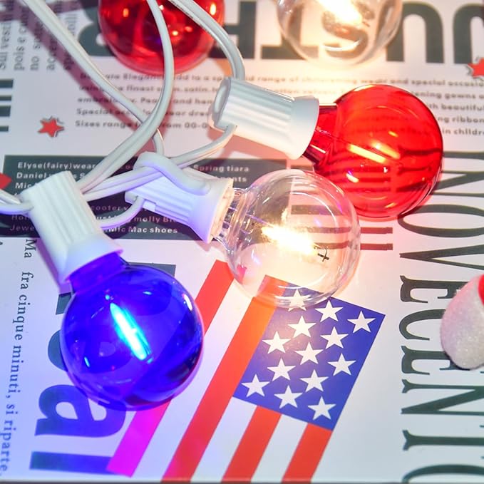 50Ft LED G40 Red White and Blue Lights Outdoor 4th of July Lights with 50+3 Shatterproof Bulbs for Patriotic Decor in Yard Garden Patio - Light up Memorial Day 4th of July Decorations Outdoor, 0.6W