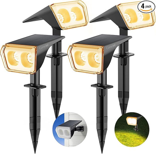Consciot Solar Spot Lights Outdoor Waterproof, 24 LED Dusk-to-Dawn Solar Spotlight, 2 in 1 Adjustable Wall Lights, Warm White Solar Landscape Spotlights for Garden Yard Wall Walkway, 4 Pack