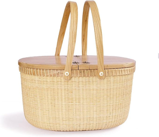 Nantucket Basket Crafts Cane-on-Cane Weave Picnic Basket Shopping Basket Basket Storage Basket Two Swing Handles (Ash Activity Double Open)