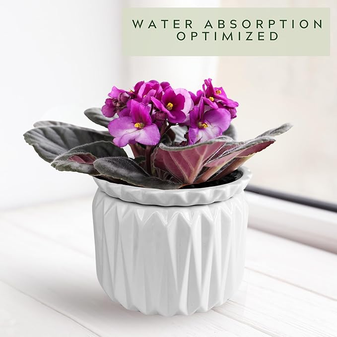 6 inch Self Watering Pot for Indoor Plants, African Violet Pot Ceramic, Flowers Planter (4 inch Opening), Holds 3 Weeks of Water (1 Pack)