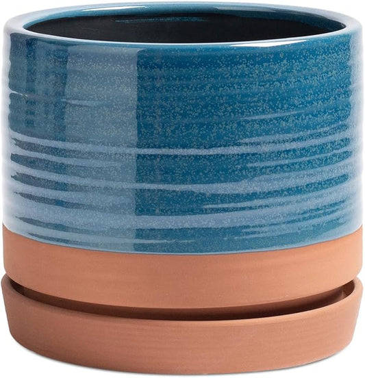 8 Inch Pots for Plants, Ceramic Planter Pot with Drainage Hole & Saucer, Indoor/Outdoor Cylinder Round Planter Pot, Blue & Terracotta