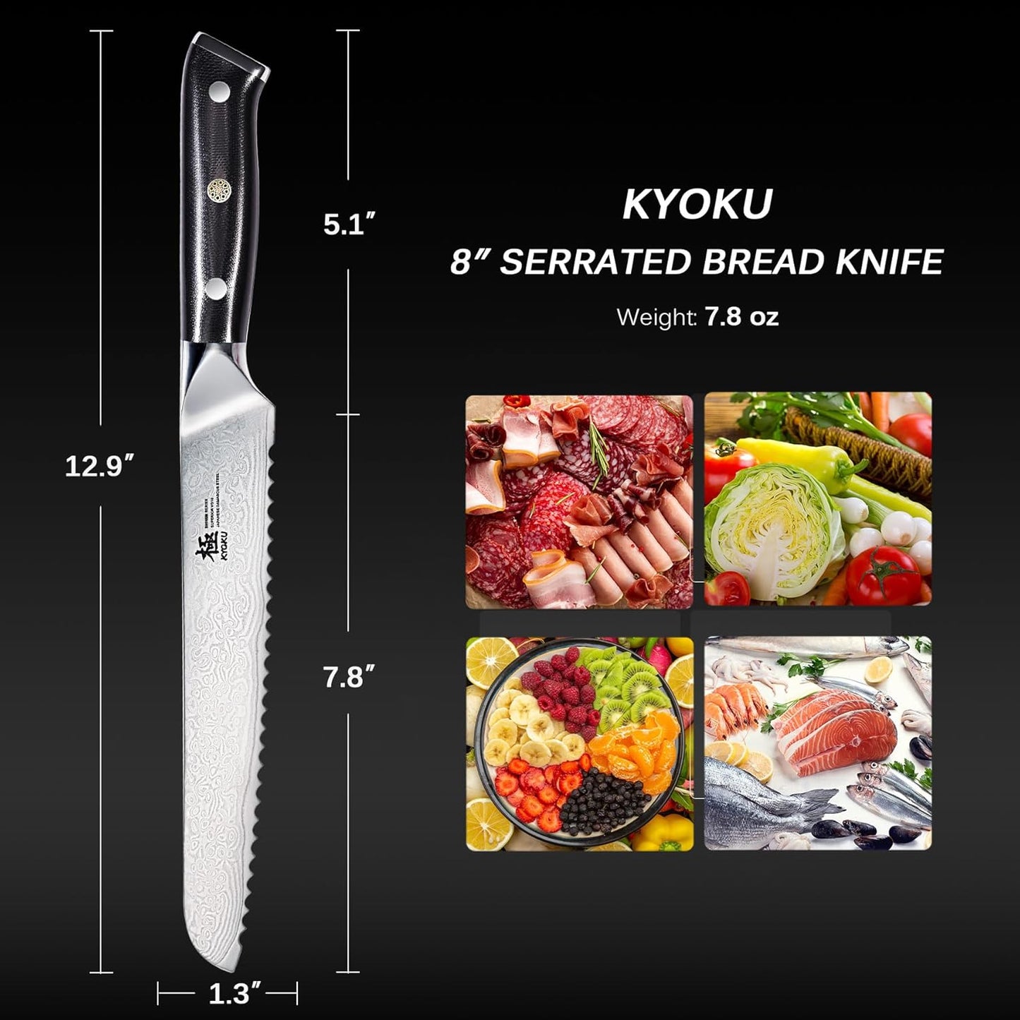 KYOKU Serrated Bread Knife - 8" - Shogun Series - Japanese VG10 Steel Core Damascus Blade - with Sheath & Case