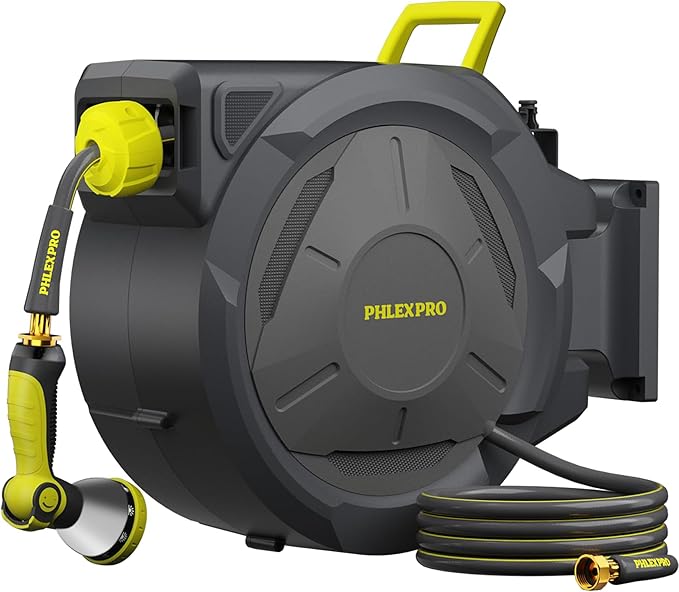 Retractable Garden Hose Reel 105FT, 1/2 inch Wall Mounted Hose Reel with Full Brass Fittings, 10 Patterns Spray Nozzle, Any Length Lock, 180° Automatic Rewind
