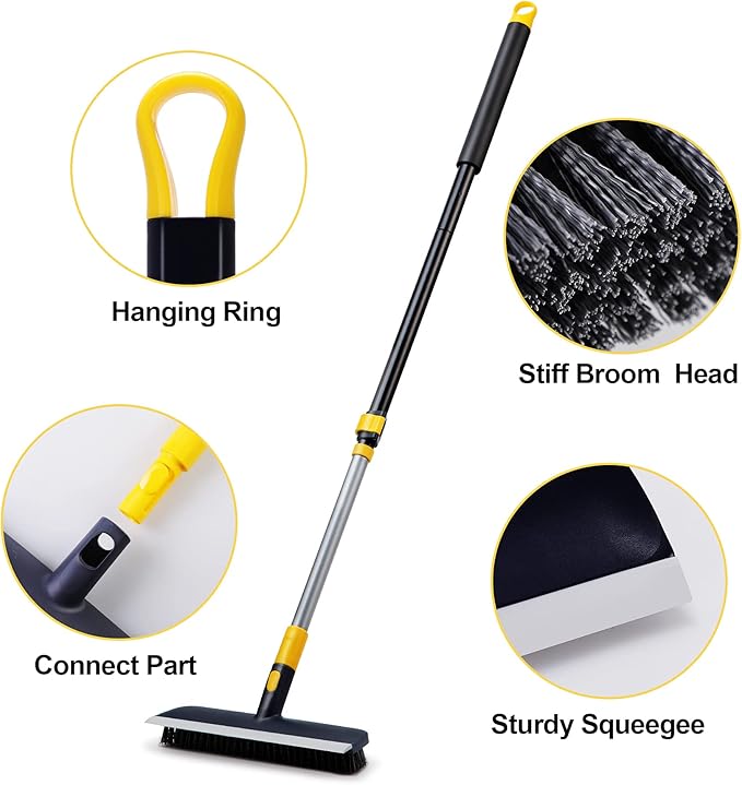 Yocada Floor Scrub Brush Telescopic Handle 2 in 1 Scrape Brush Stiff Bristle Shower Scrubber for Cleaning Patio Bathroom Garage Kitchen Wall Deck Tub Tile 55.9 inch Tall