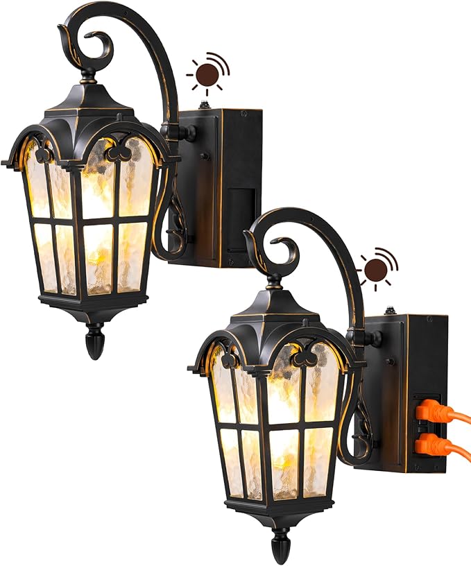 EDISHINE 2 Pack Dusk to Dawn Outdoor Wall Lights, Porch Lights with GFCI Outlet, Retro Black Outdoor Wall Lantern, Waterproof Outside Exterior Light Fixture for Front Door, Patio, Garage, E26 Socket