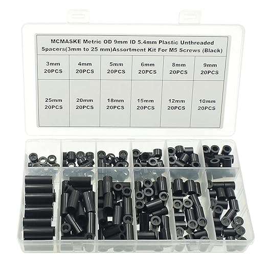 OD 9mm(0.354") ID 5.4mm(0.212") Plastic Unthreaded Spacers Assortment Kit;Wall Plate spacers for M5 Screws;Clearance Spacers;Round Spacers;3mm to 25 mm Lengths (Black)