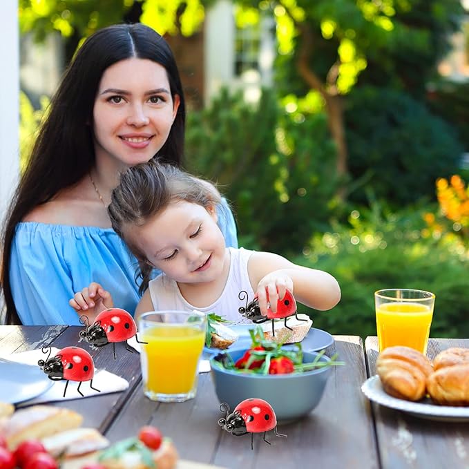 Metal Garden Decor for Outside Cute Ladybugs Yard Art Lawn Ornaments Wall Sculptures & Statues Outdoor Fence Decorations for Patio - Set of 8