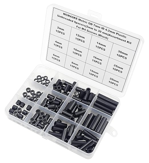 Metric OD 7mm ID 4.2mm Plastic Unthreaded Spacers(2mm to 30 mm) Assortment Kit for M4 Screws;Clearance Spacers;Round Spacers(Black)