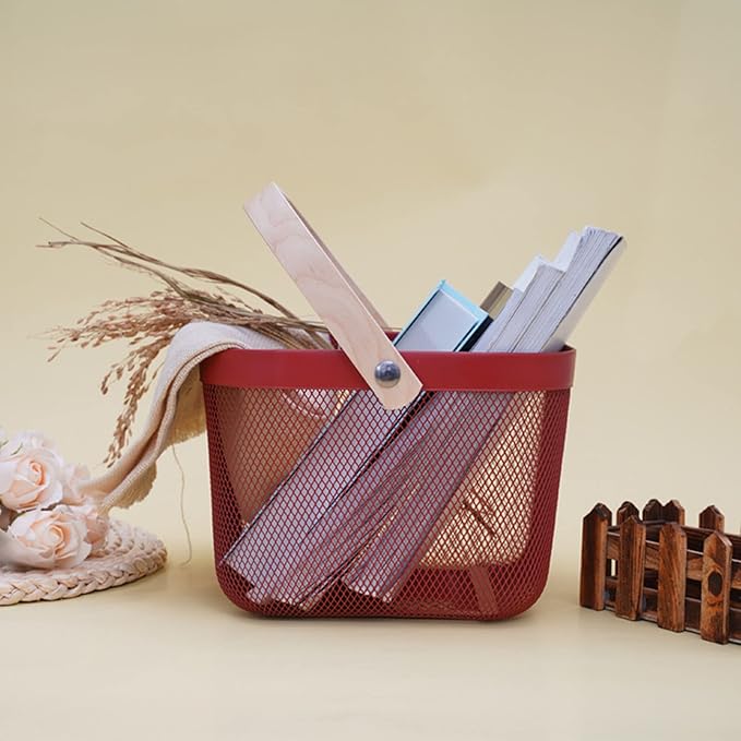 Metal Mesh Steel Basket, Storage Organizer Basket Multi-functional Hanging Kitchen Baskets Fruit Basket Bin with Bamboo Handle for Kitchen Bathroom Picnic Shopping Decor Cabinet Home, Red