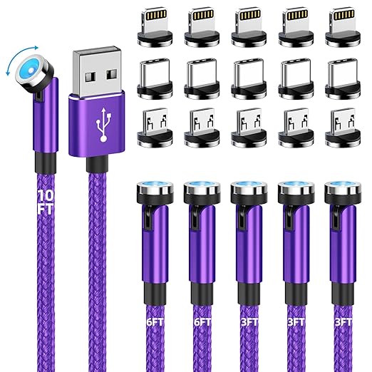 Magnetic Charging Cable 540° Rotating Magnetic Phone Charger [6-Pack, 3ft/3ft/3ft/6ft/6ft/10ft] 3 in 1 Magnetic Charger Cable Nylon Braided Magnetic USB Cable for i-P/Micro USB/Type C Device-Purple