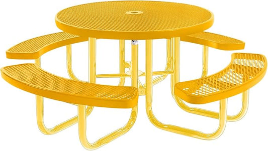 Heavy-Duty Portable Outdoor Picnic Table with Umbrella Hole, Expanded Metal Commercial-Grade Patio Furniture Made in America (46" Round Top, Yellow with Yellow Frames)