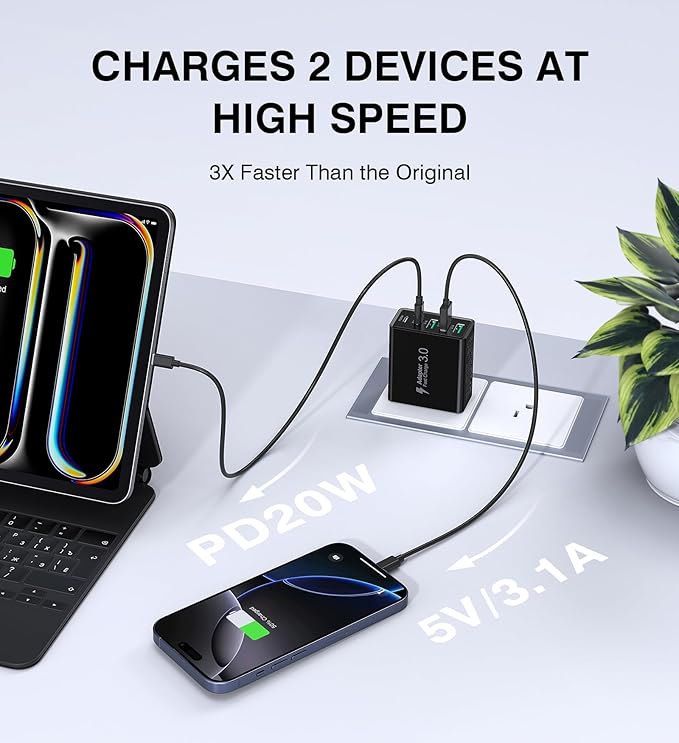 [2-Pack] USB C Wall Charger, 50W USB C Charger Block 5-Port PD Fast Charging Blocks,2USB C+3USB A Multiport Plug,Type C Power Adapter Brick Cube for iPhone 16/15/14/13/Pro,Samsung,for Switch（Black）
