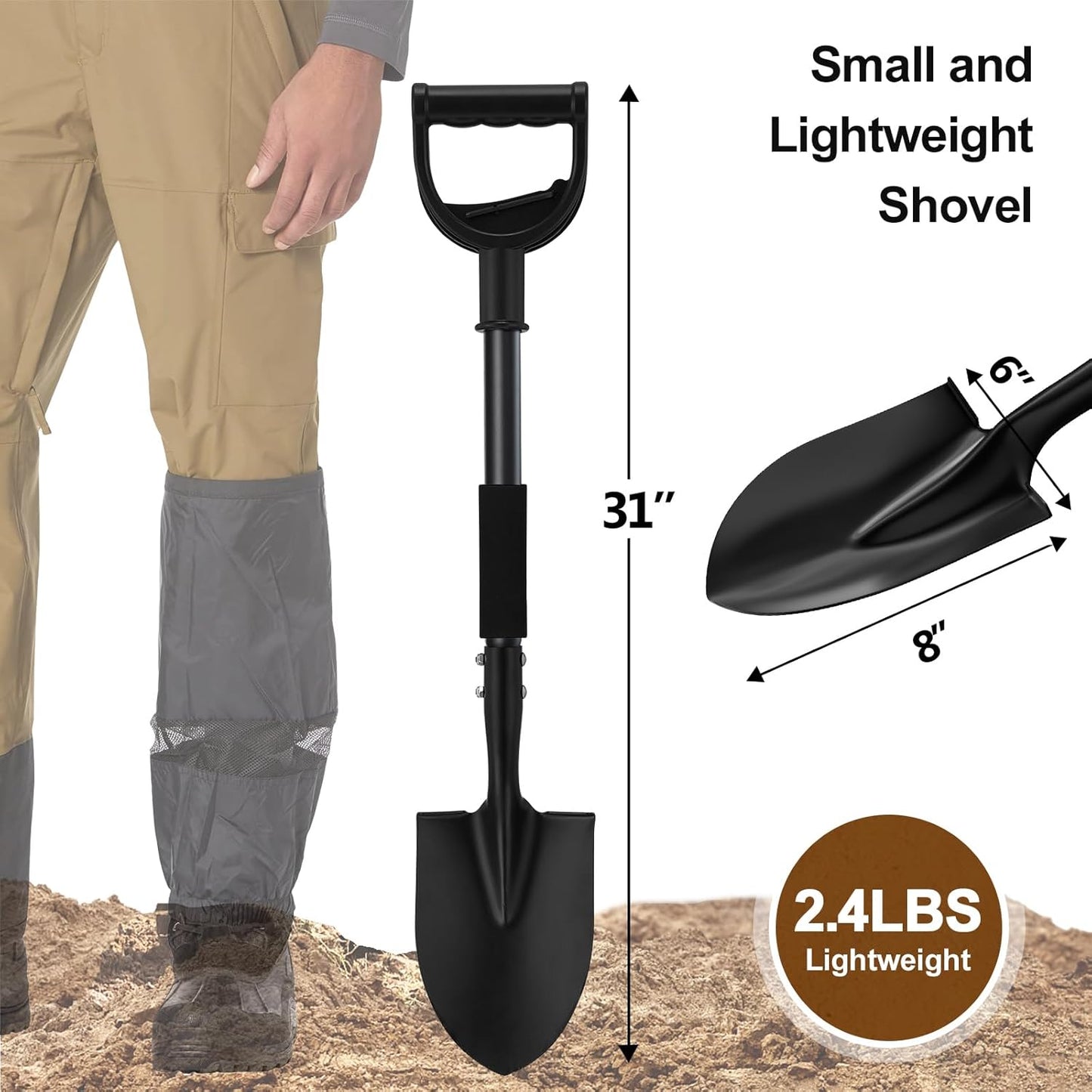 COCONUT 31 Inch Small Garden Shovel, Lightweight Metal Shovel with Black, Padded, Ergonomic D-Grip Handle for Digging, Planting, Camping, Kids, Beach, Garden