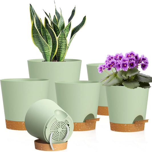 7/6.5/6/5.5/5/4 inch Self Watering Pots for Indoor Outdoor Plants, 6 Pack Plastic Flower Planters with Drainage Holes and Removable Saucers, Plant Pots with Wicking Rope, Green Brown