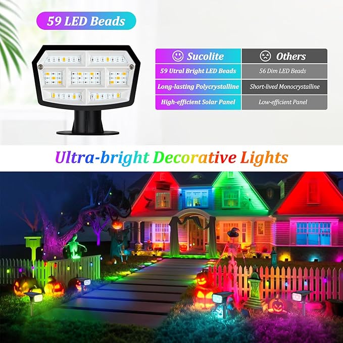 6-Pack Solar Spot Lights Outdoor, 59 LED Solar Lights Outdoor Waterproof, 9 Lighting Modes Outdoor Solar Lights for Yard, Landscape Spotlights for Christmas Garden Pathway Multicolor